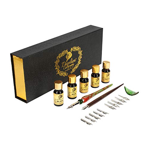DAVELIOU 20-Piece Complete Calligraphy Set for Beginners and Professionals, Creates Clean and Smooth Lines, Calligraphy Kit Includes Pens, Inks, Nibs, and Case (Black & Gold)