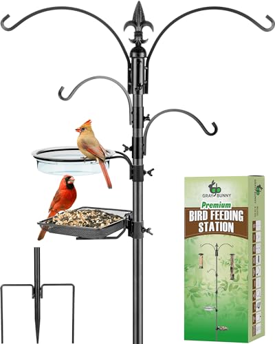 Gray Bunny Bird Feeder Stand, 4-Hooks, 91' Bird Feeder Hanger